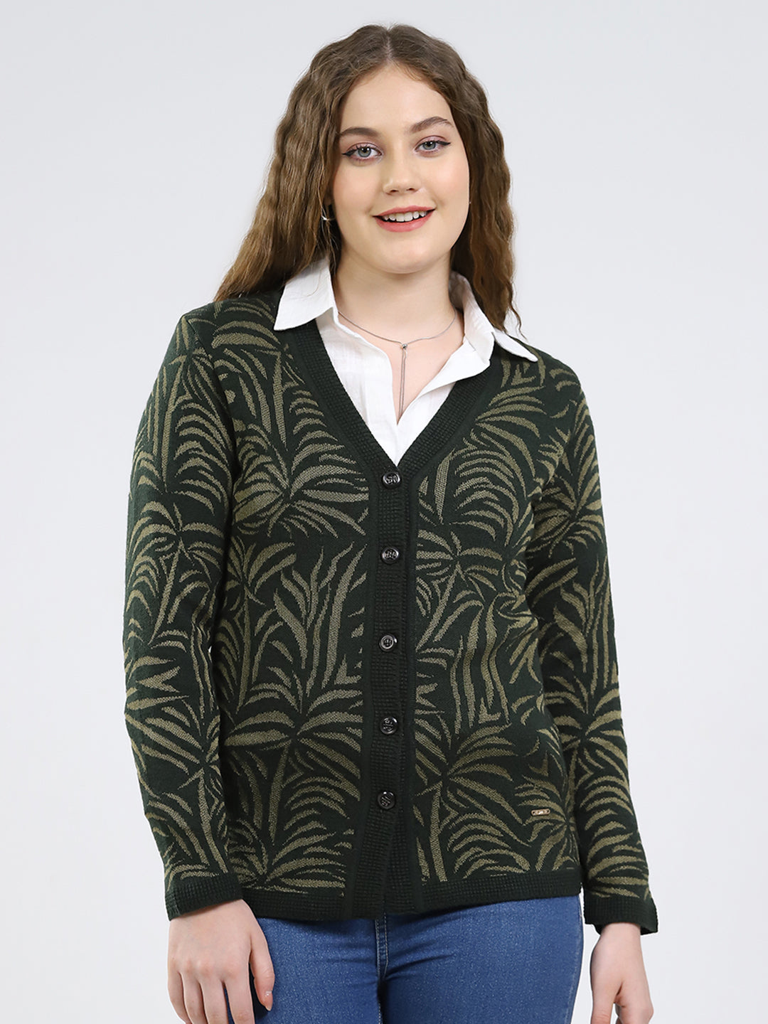 Women Green Printed V Neck Full Sleeve Cardigan