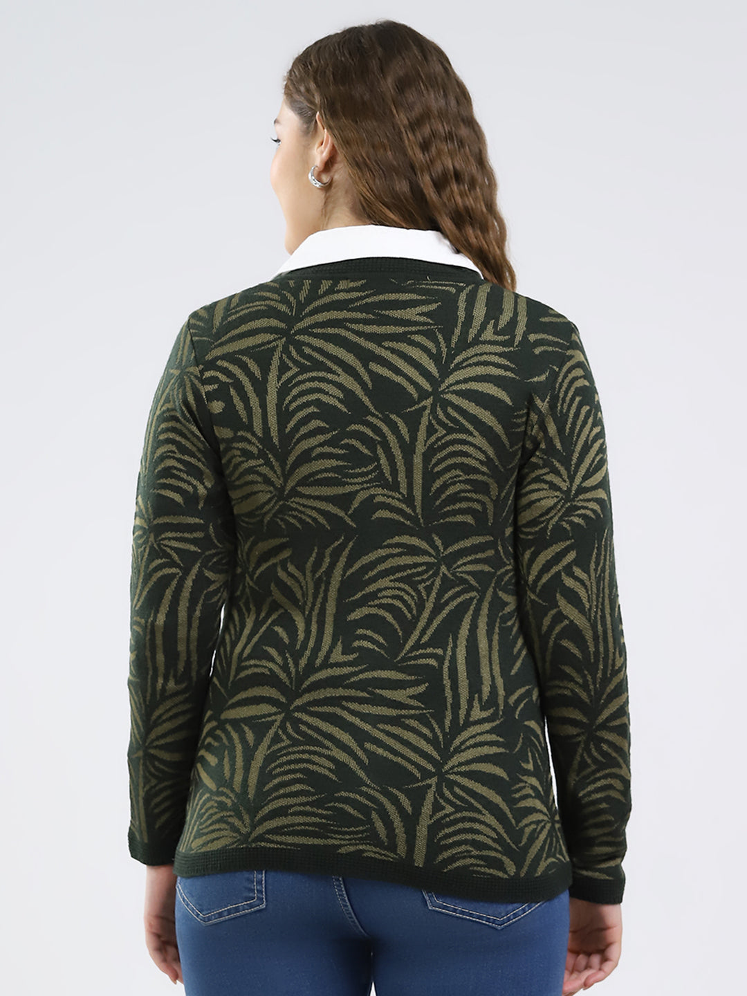 Women Green Printed V Neck Full Sleeve Cardigan