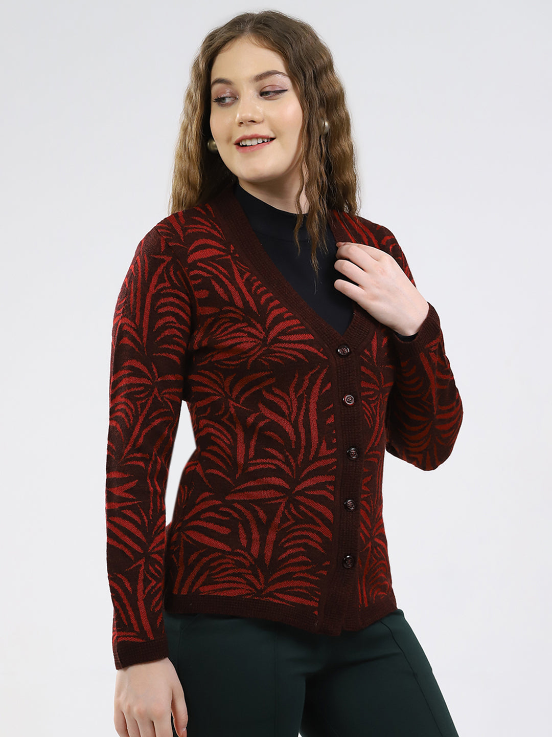 Women Maroon Printed V Neck Full Sleeve Cardigan