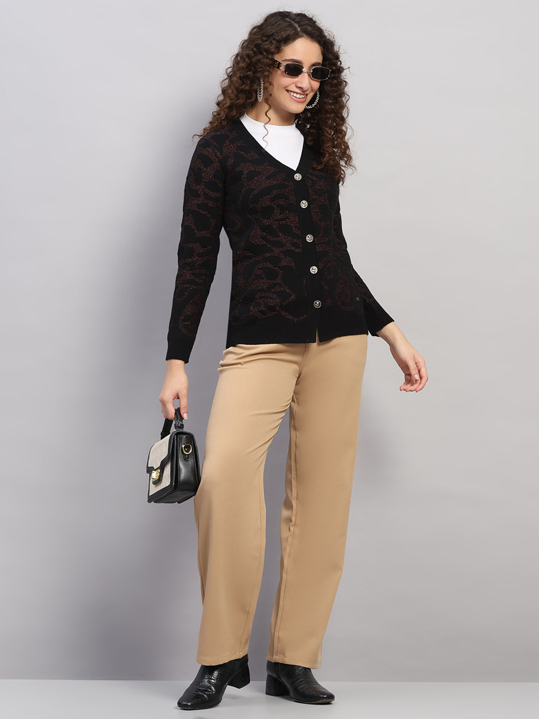 Women Black Jaquard V Neck Full Sleeve Cardigan