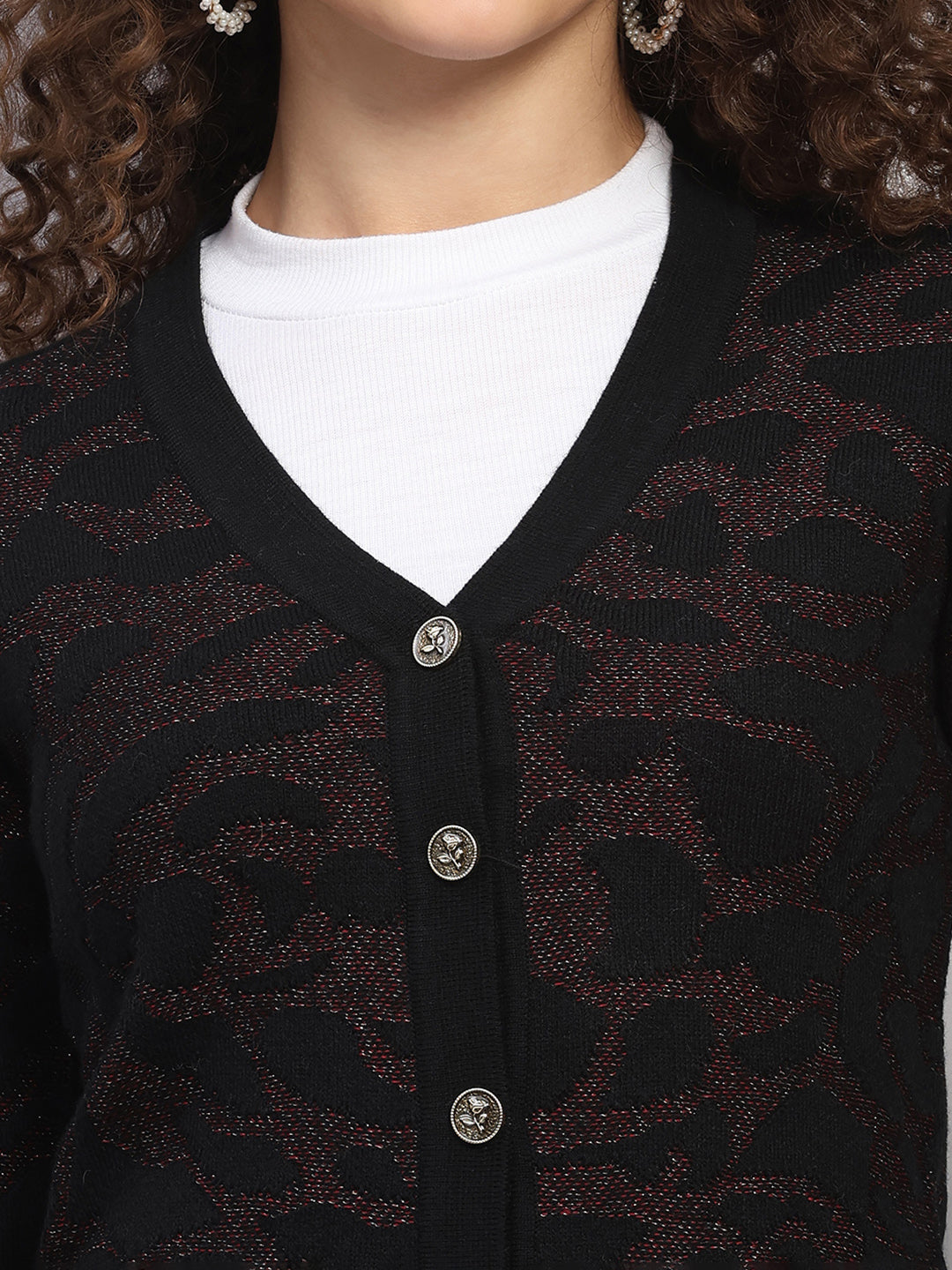 Women Black Jaquard V Neck Full Sleeve Cardigan
