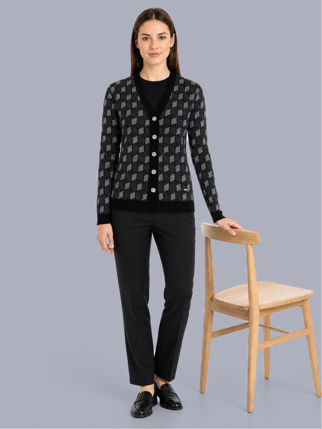 Women Black Jacquard V Neck Full Sleeve Cardigan