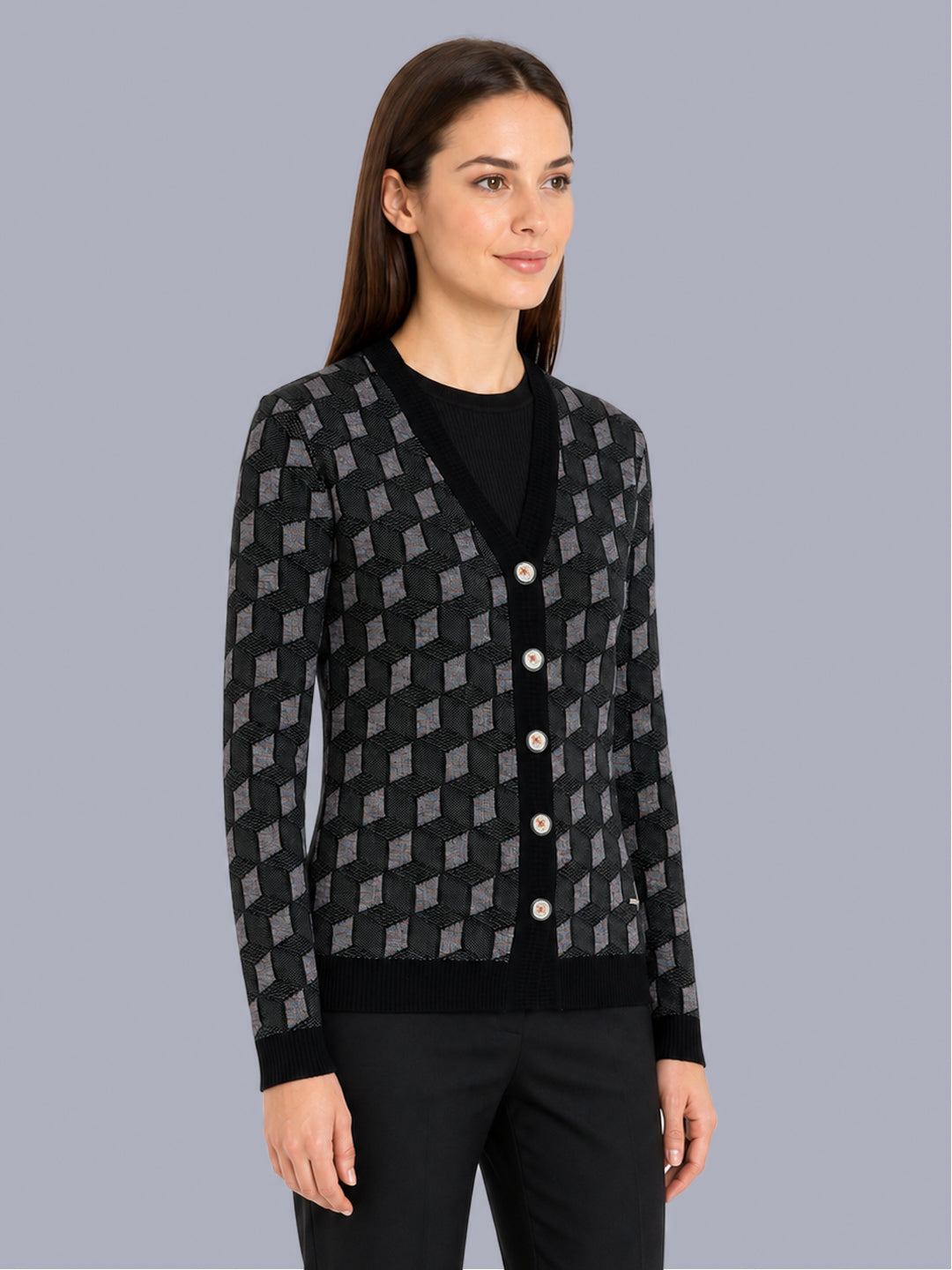 Women Black Jacquard V Neck Full Sleeve Cardigan