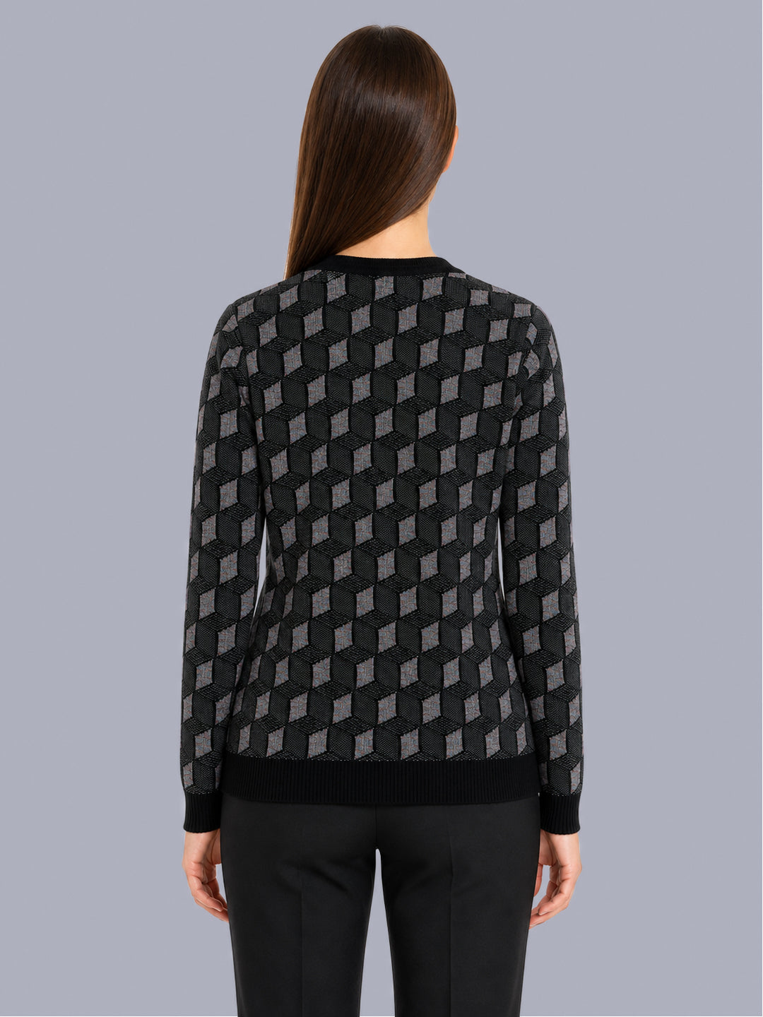 Women Black Jacquard V Neck Full Sleeve Cardigan