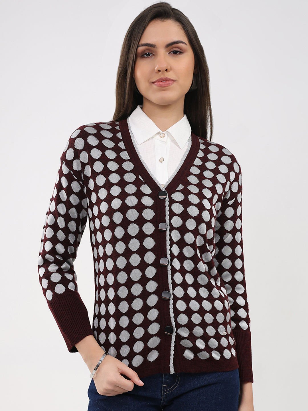 Women Maroon Printed V Neck Full Sleeve Cardigan