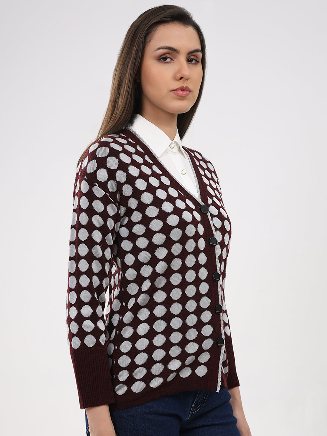 Women Maroon Printed V Neck Full Sleeve Cardigan