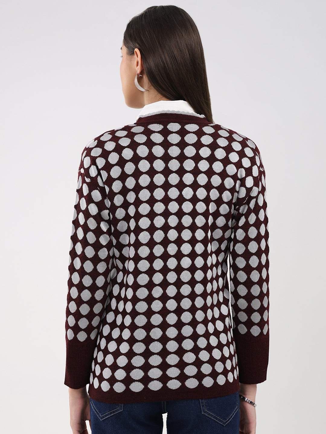 Women Maroon Printed V Neck Full Sleeve Cardigan