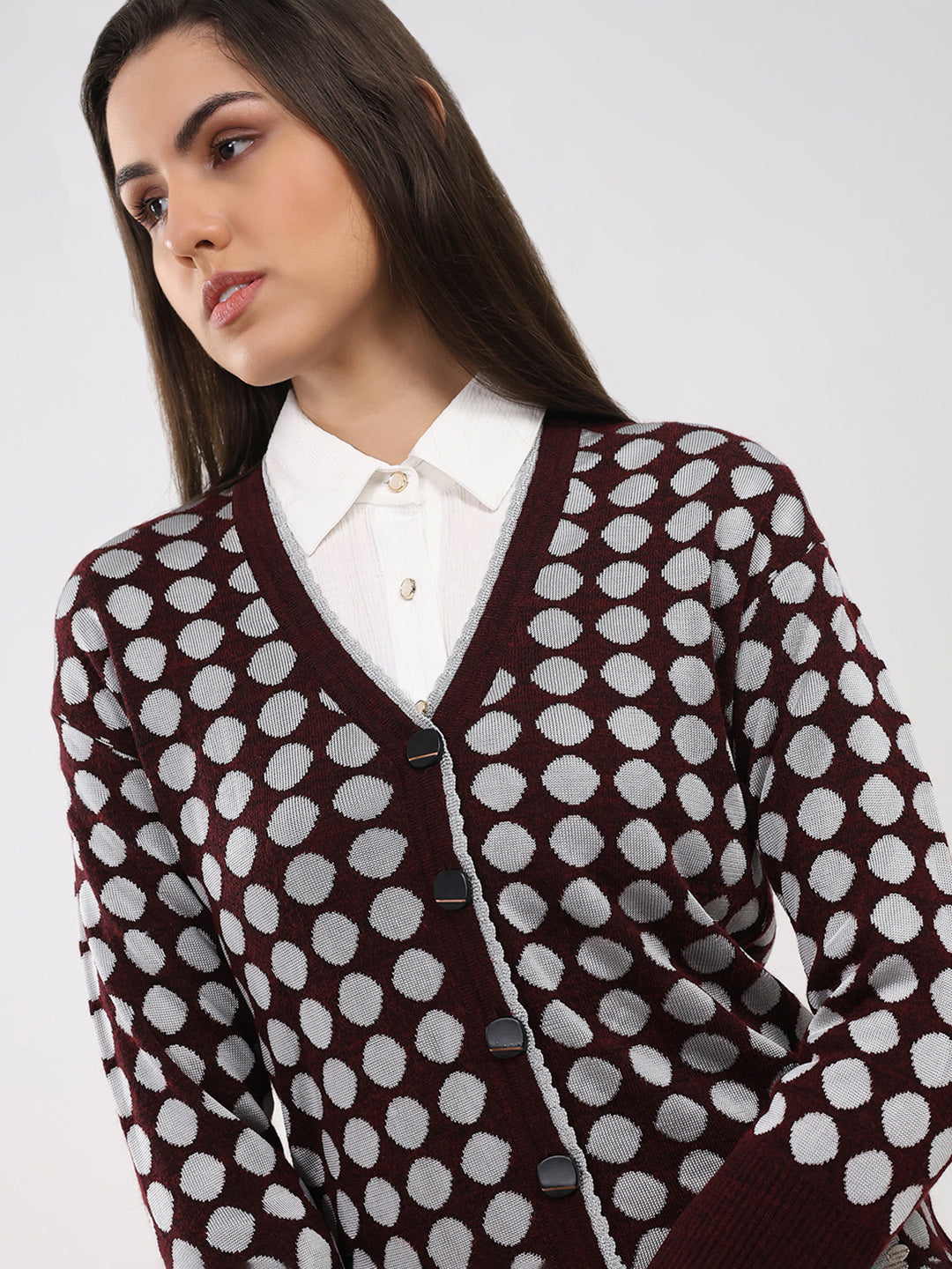 Women Maroon Printed V Neck Full Sleeve Cardigan