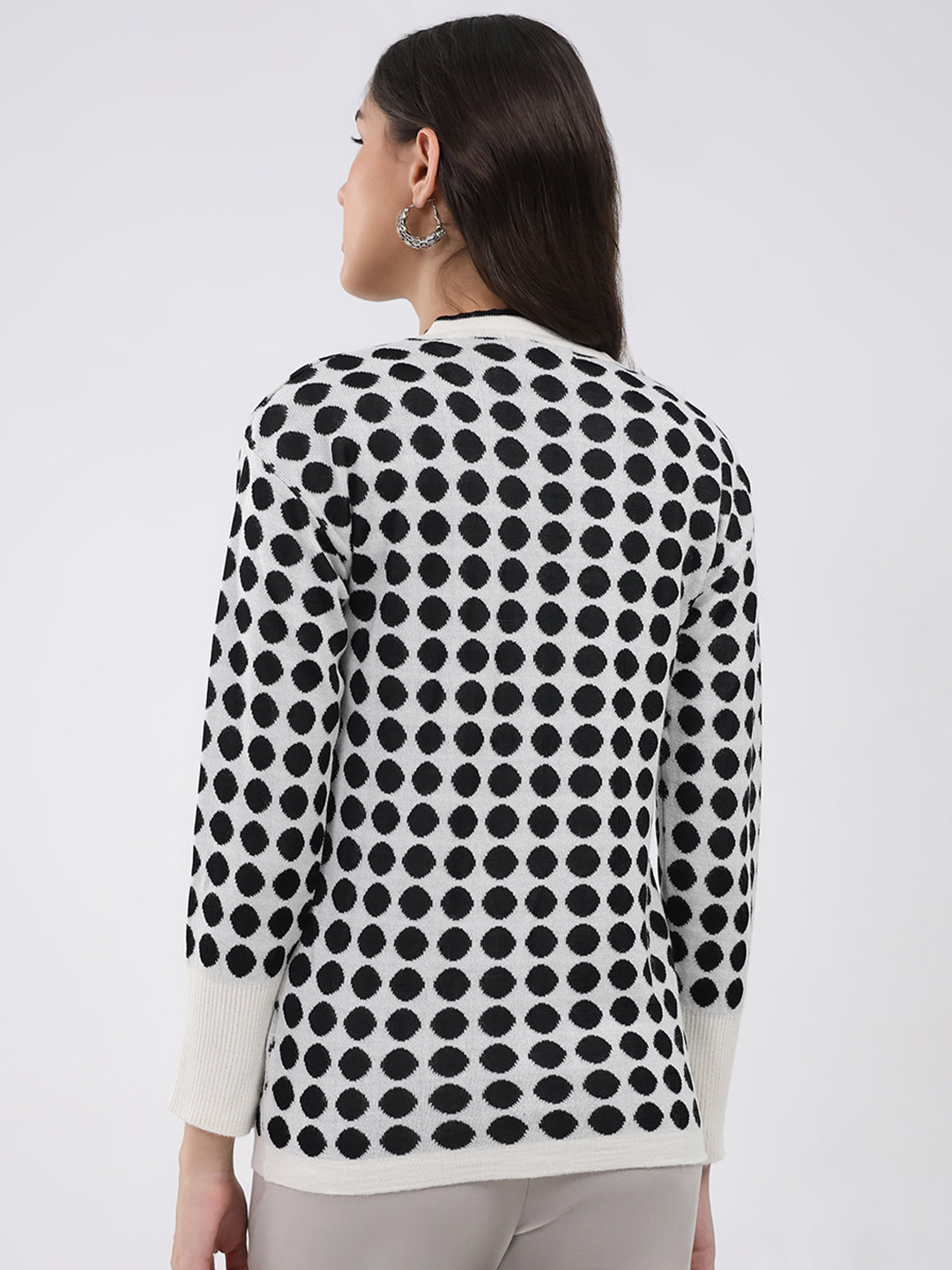 Women Off White Printed V Neck Full Sleeve Cardigan