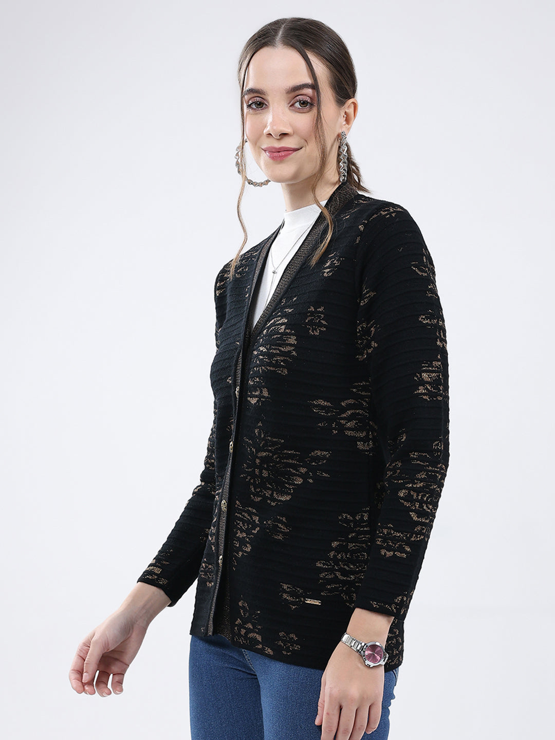 Women Black Self Design V Neck Full Sleeve Cardigan
