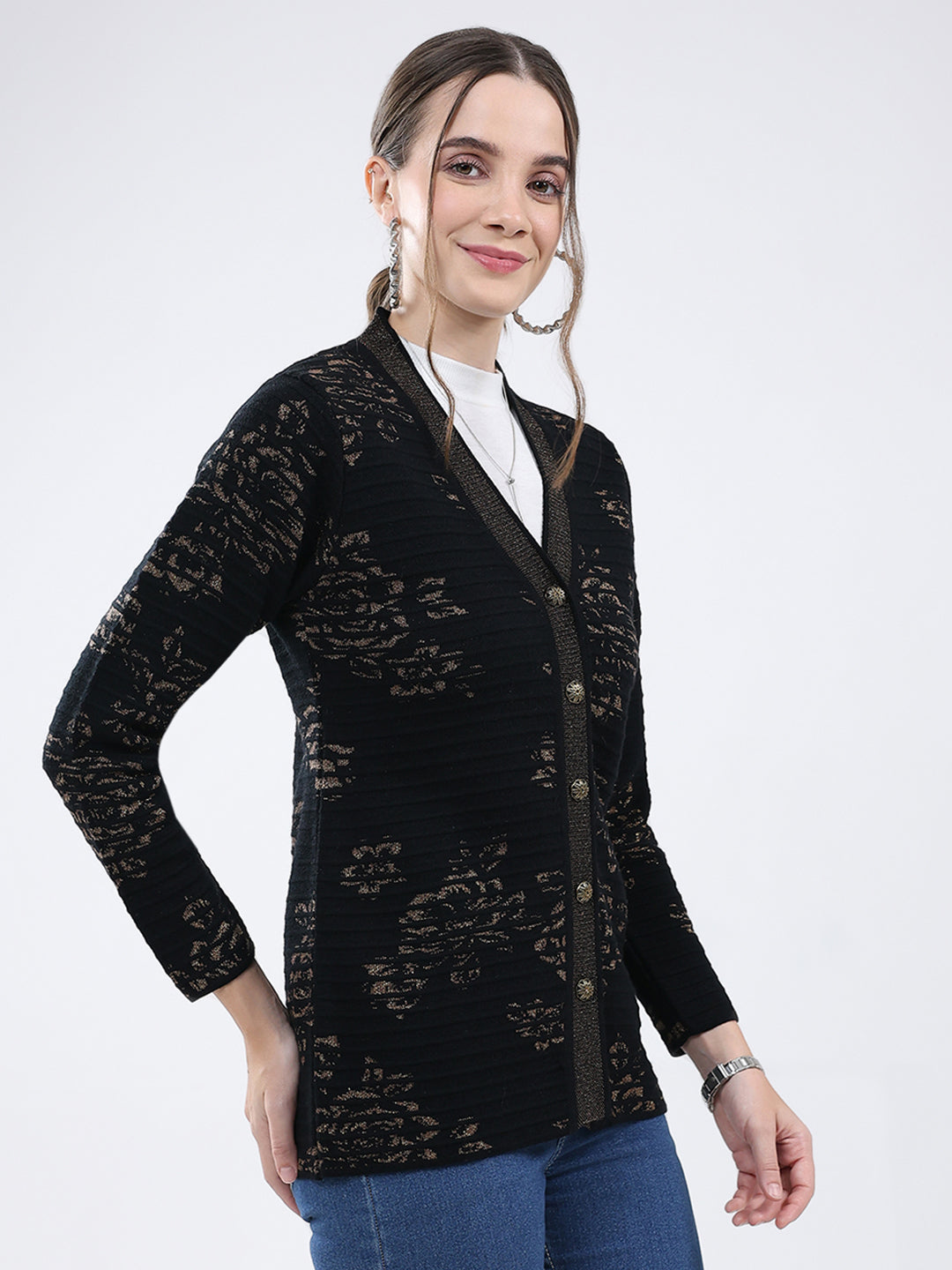 Women Black Self Design V Neck Full Sleeve Cardigan