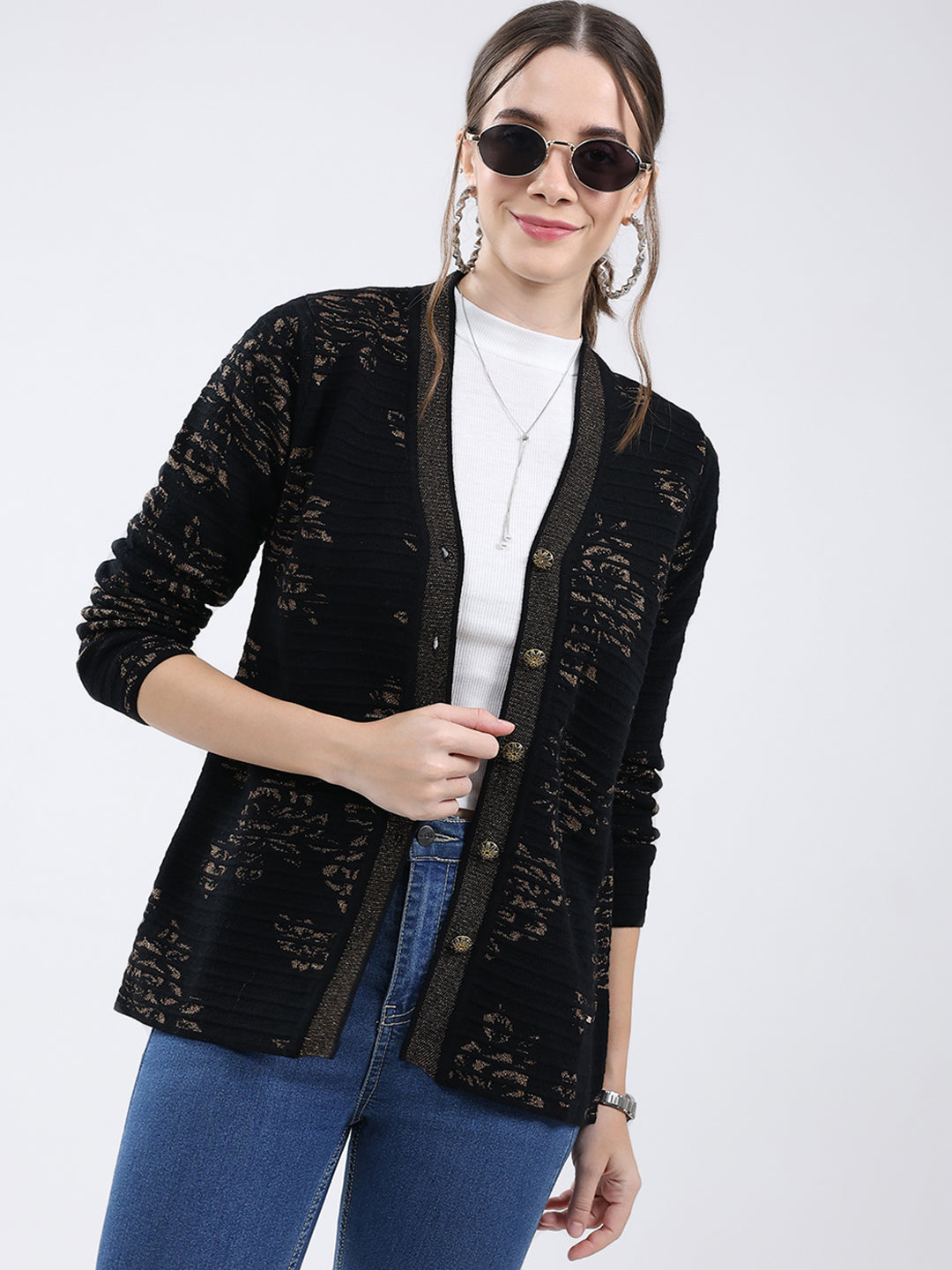 Women Black Self Design V Neck Full Sleeve Cardigan