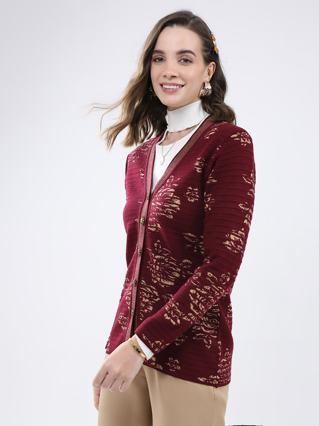 Women Burgundy Self Design V Neck Full Sleeve Cardigan