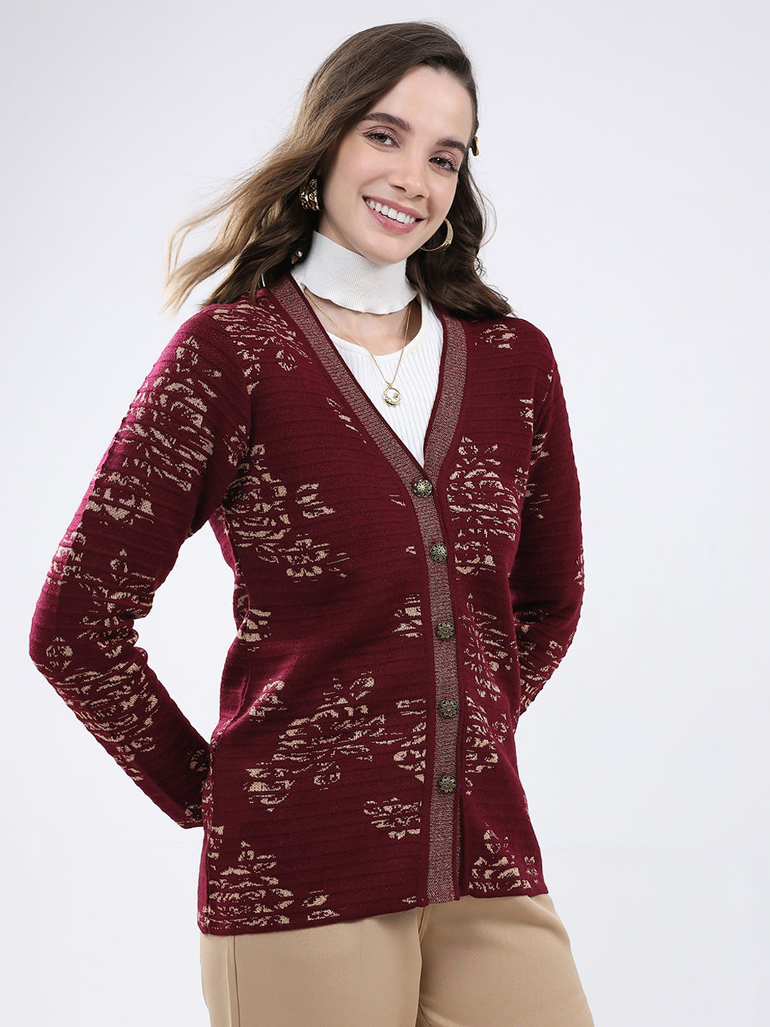 Women Burgundy Self Design V Neck Full Sleeve Cardigan