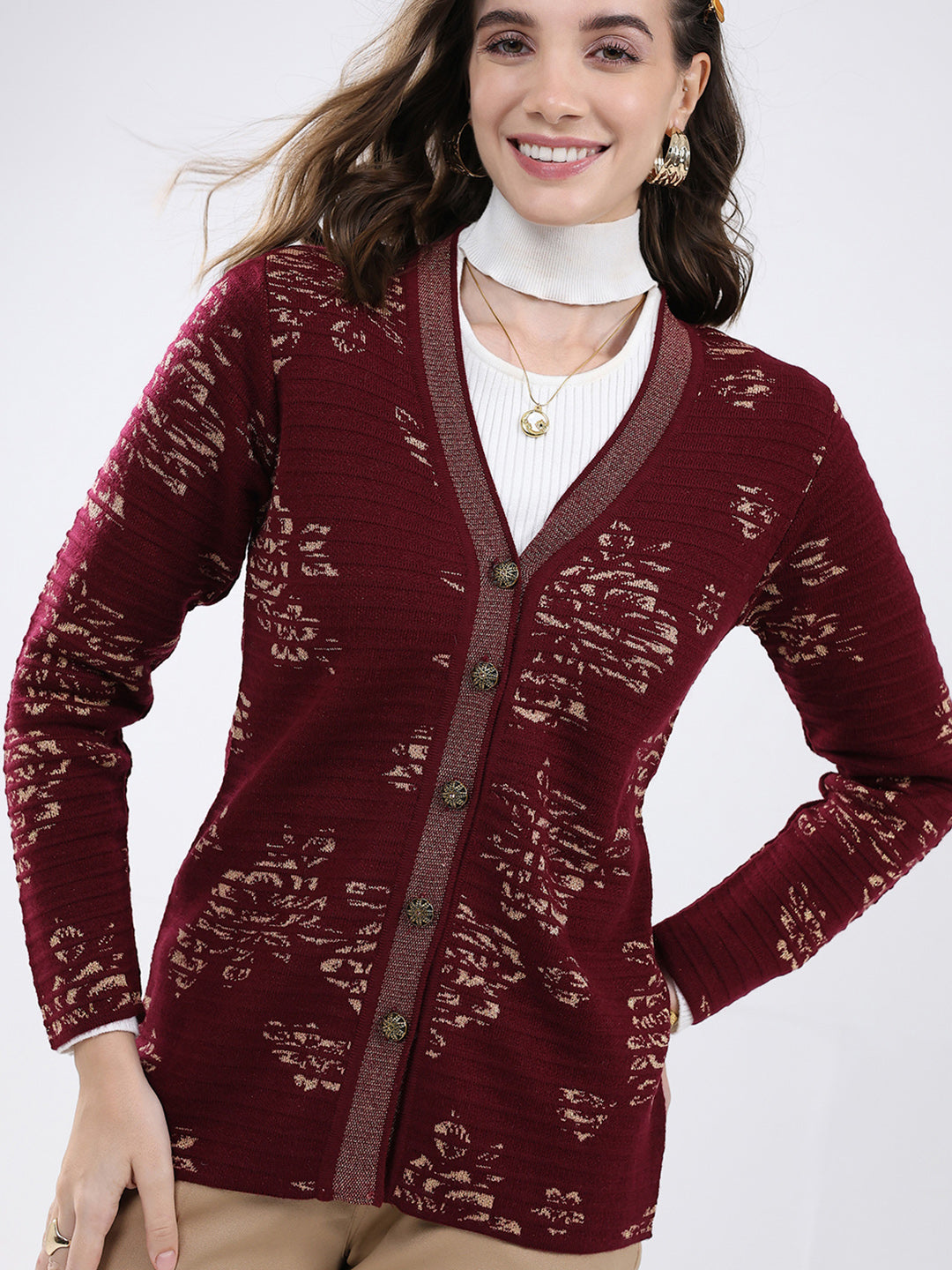 Women Burgundy Self Design V Neck Full Sleeve Cardigan