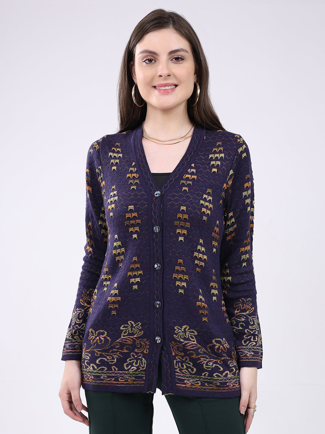 Women Purple Self Design V Neck Full Sleeve Cardigan