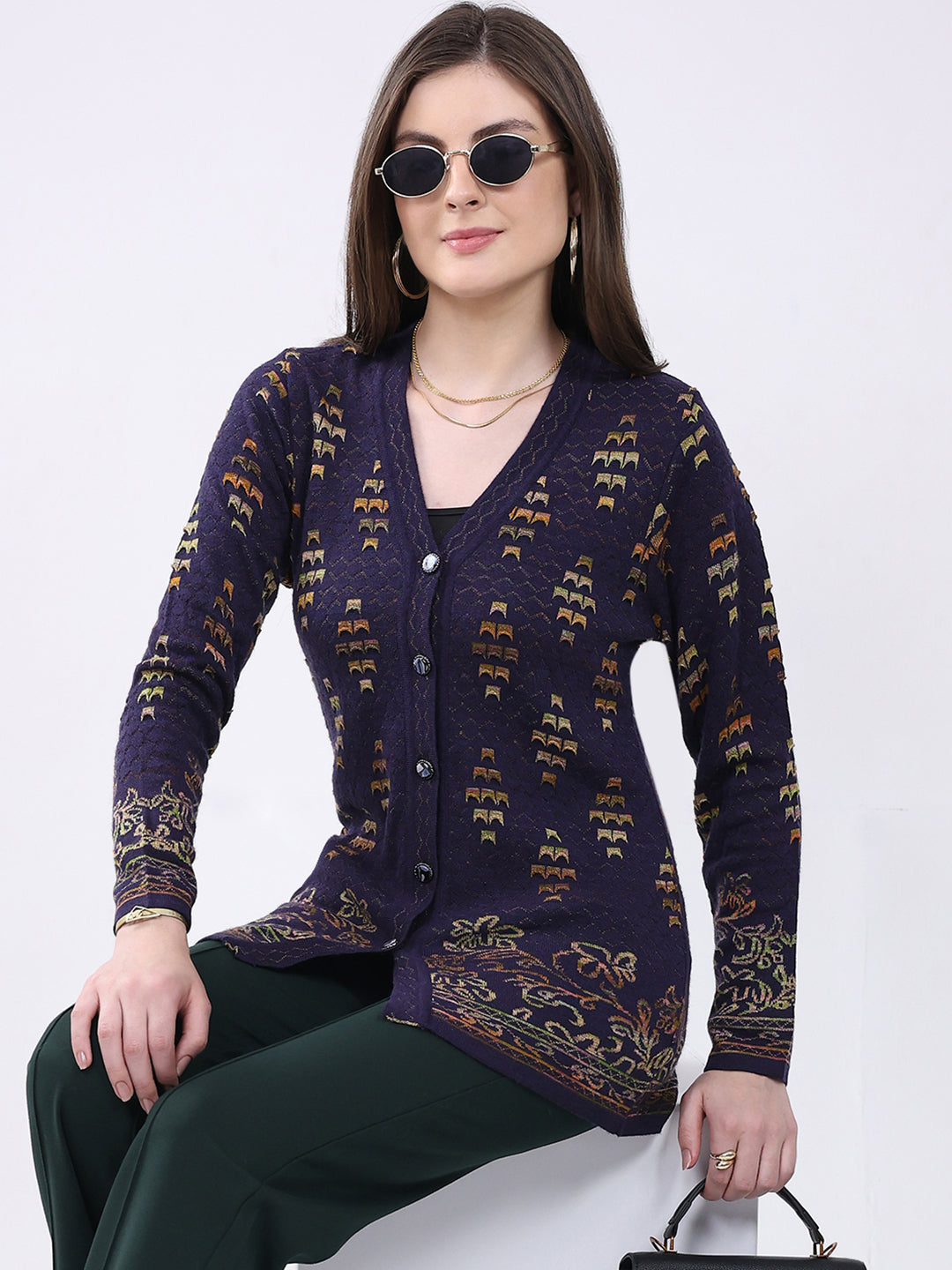 Women Purple Self Design V Neck Full Sleeve Cardigan