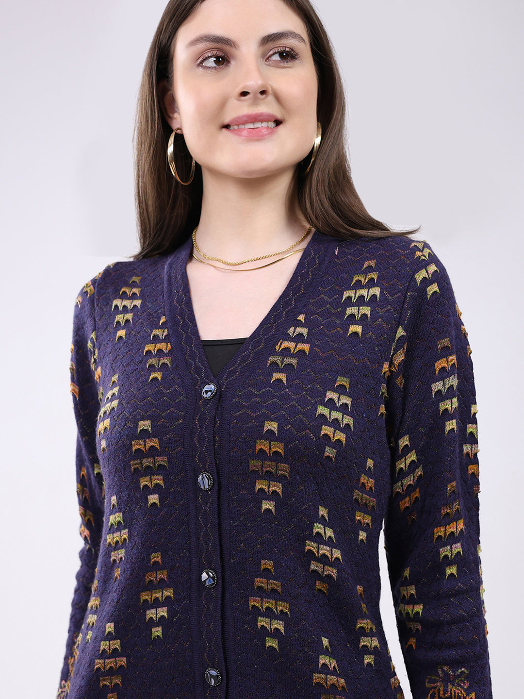 Women Purple Self Design V Neck Full Sleeve Cardigan