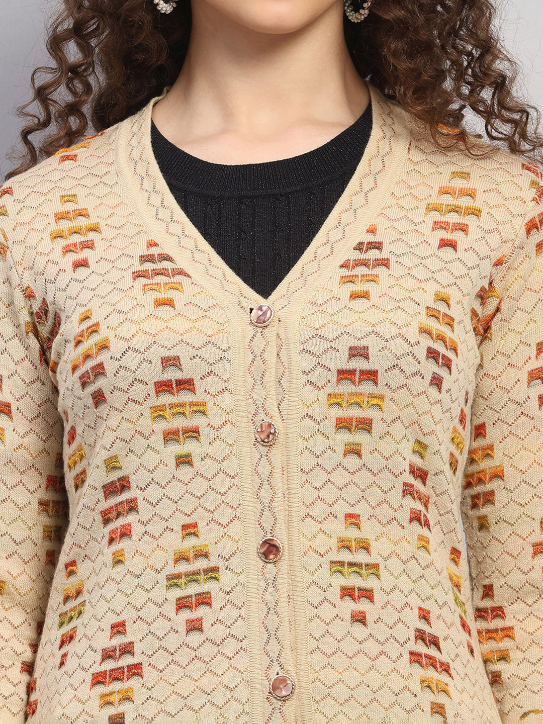 Women Beige Jaquard V Neck Full Sleeve Cardigan