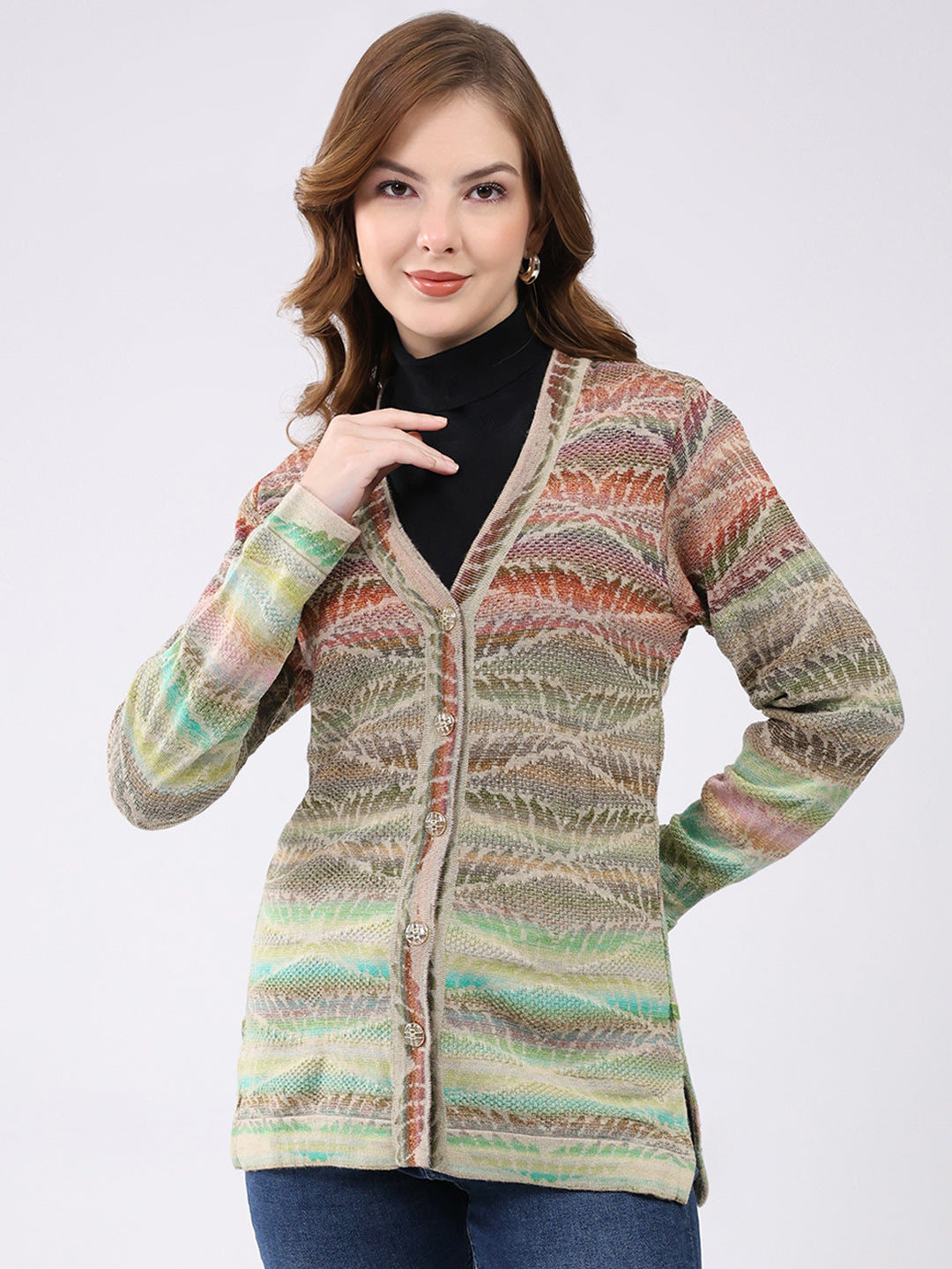 Women Multicolor Self Design V Neck Full Sleeve Cardigan