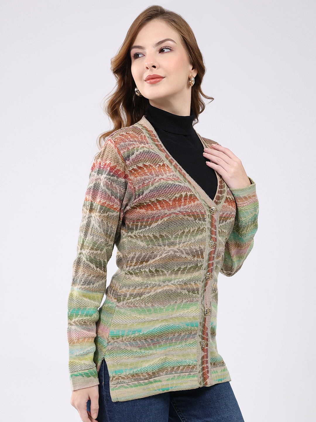Women Multicolor Self Design V Neck Full Sleeve Cardigan