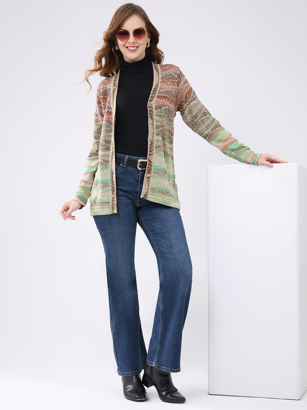 Women Multicolor Self Design V Neck Full Sleeve Cardigan