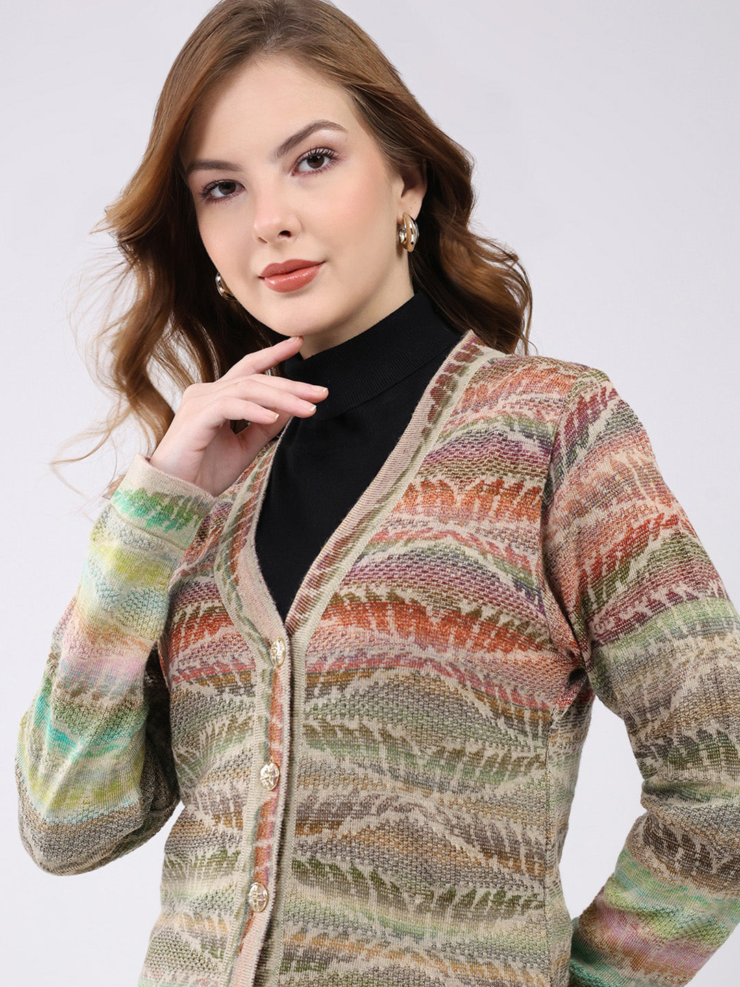 Women Multicolor Self Design V Neck Full Sleeve Cardigan