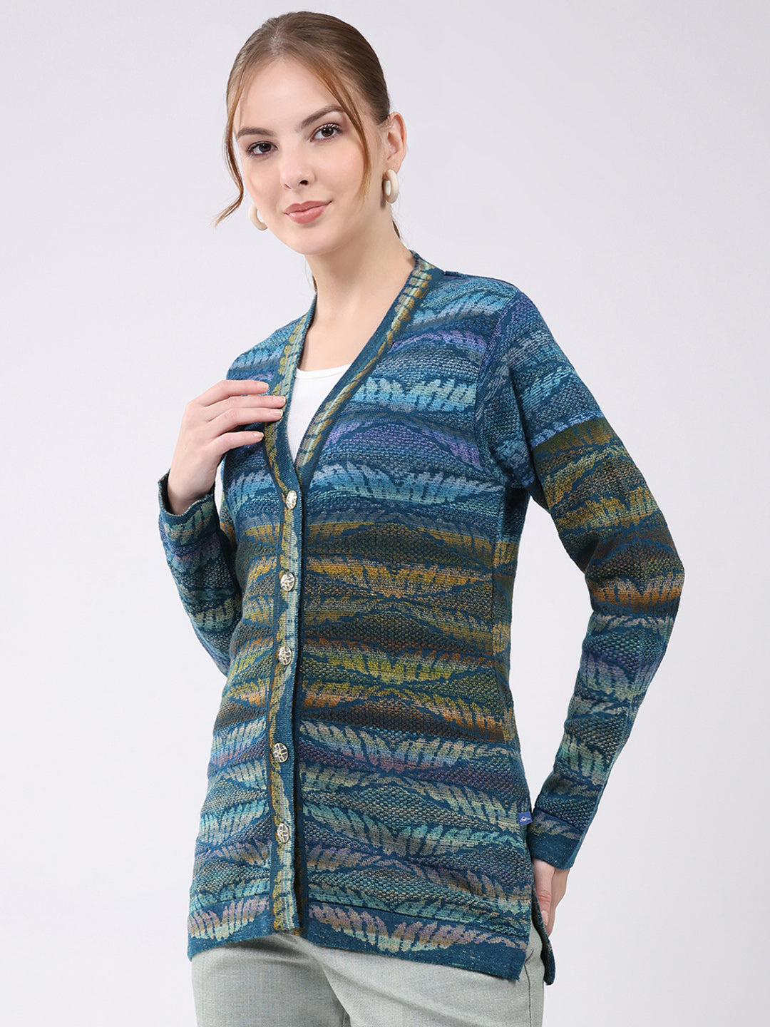 Women Blue Printed V Neck Full Sleeve Cardigan
