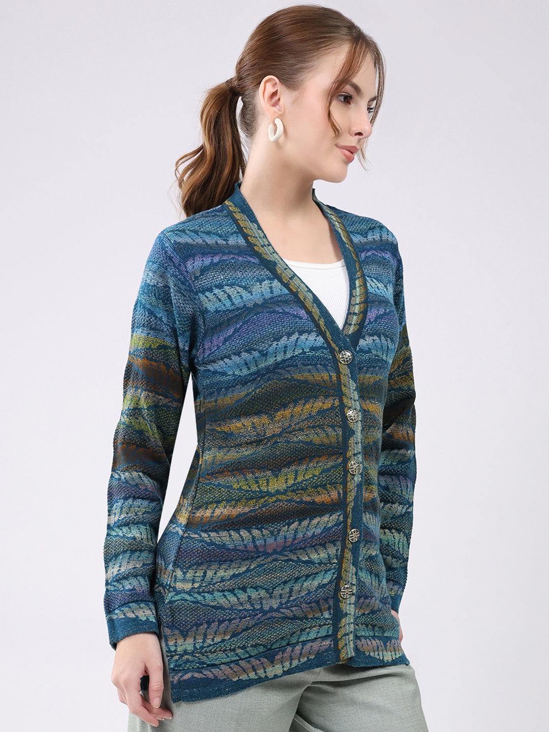 Women Blue Printed V Neck Full Sleeve Cardigan