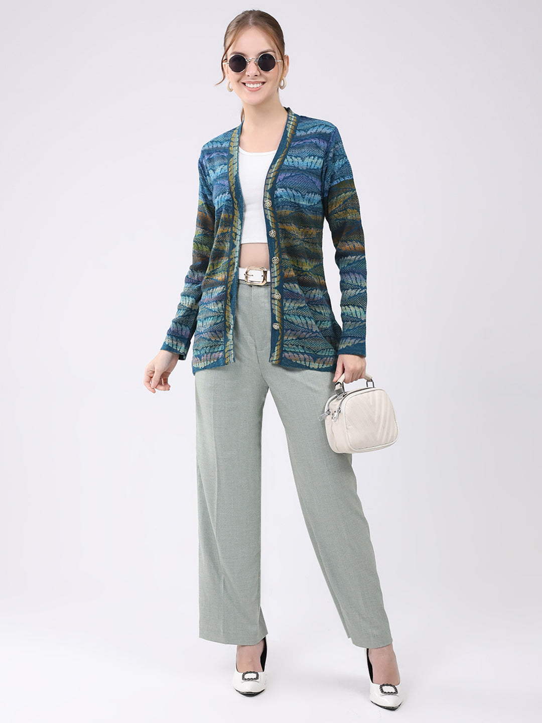 Women Blue Printed V Neck Full Sleeve Cardigan