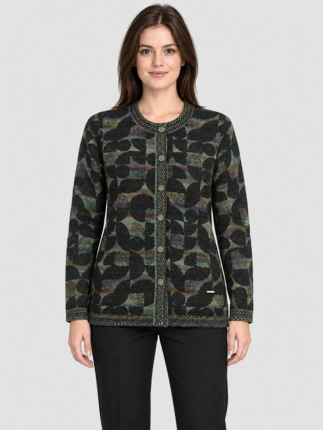 Women Black Jacquard Round Neck Full Sleeve Cardigan