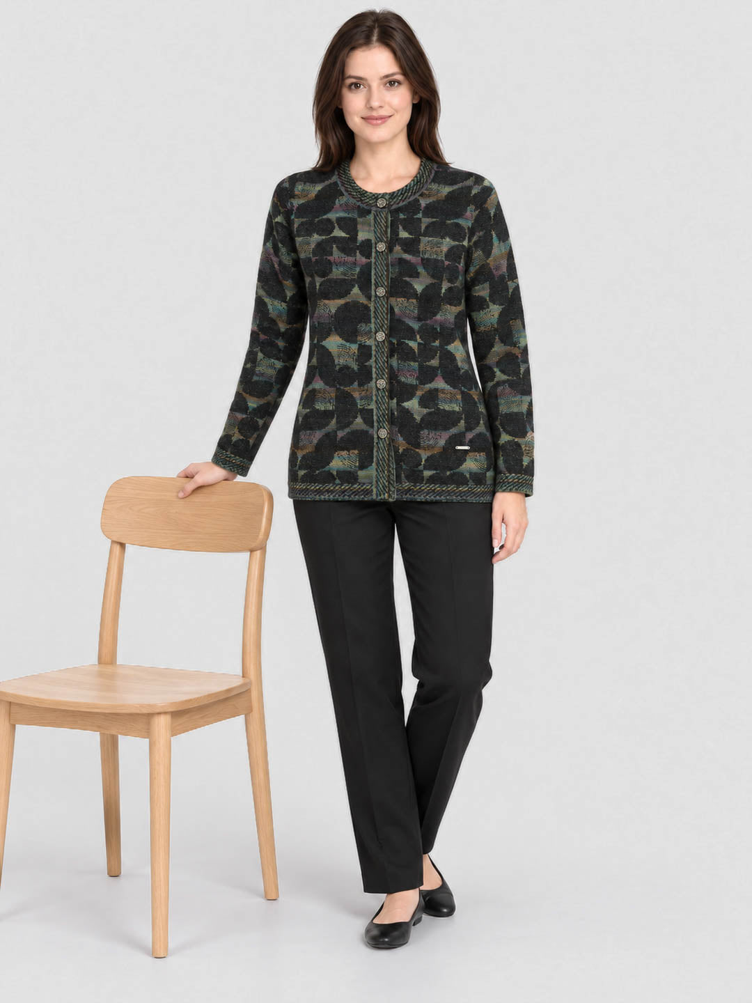 Women Black Jacquard Round Neck Full Sleeve Cardigan
