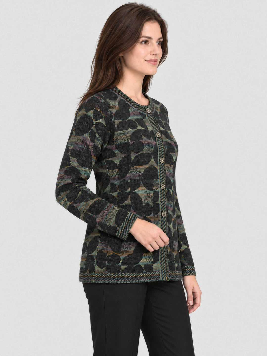 Women Black Jacquard Round Neck Full Sleeve Cardigan