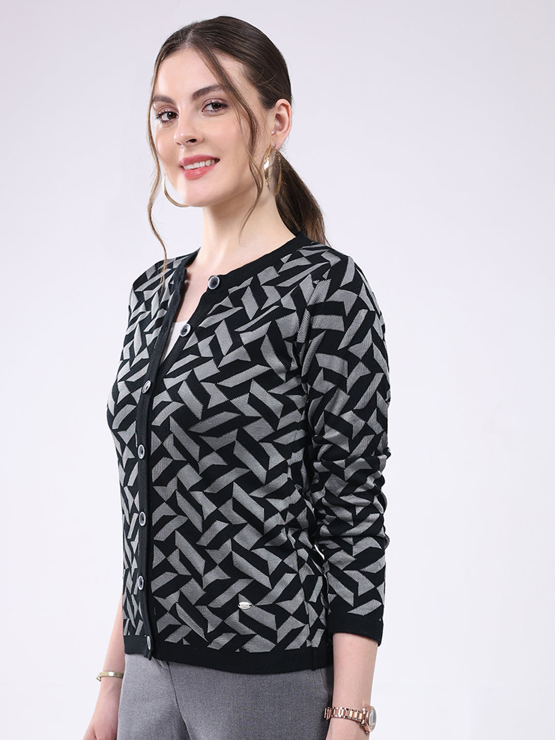 Women Black Printed Round Neck Full Sleeve Cardigan