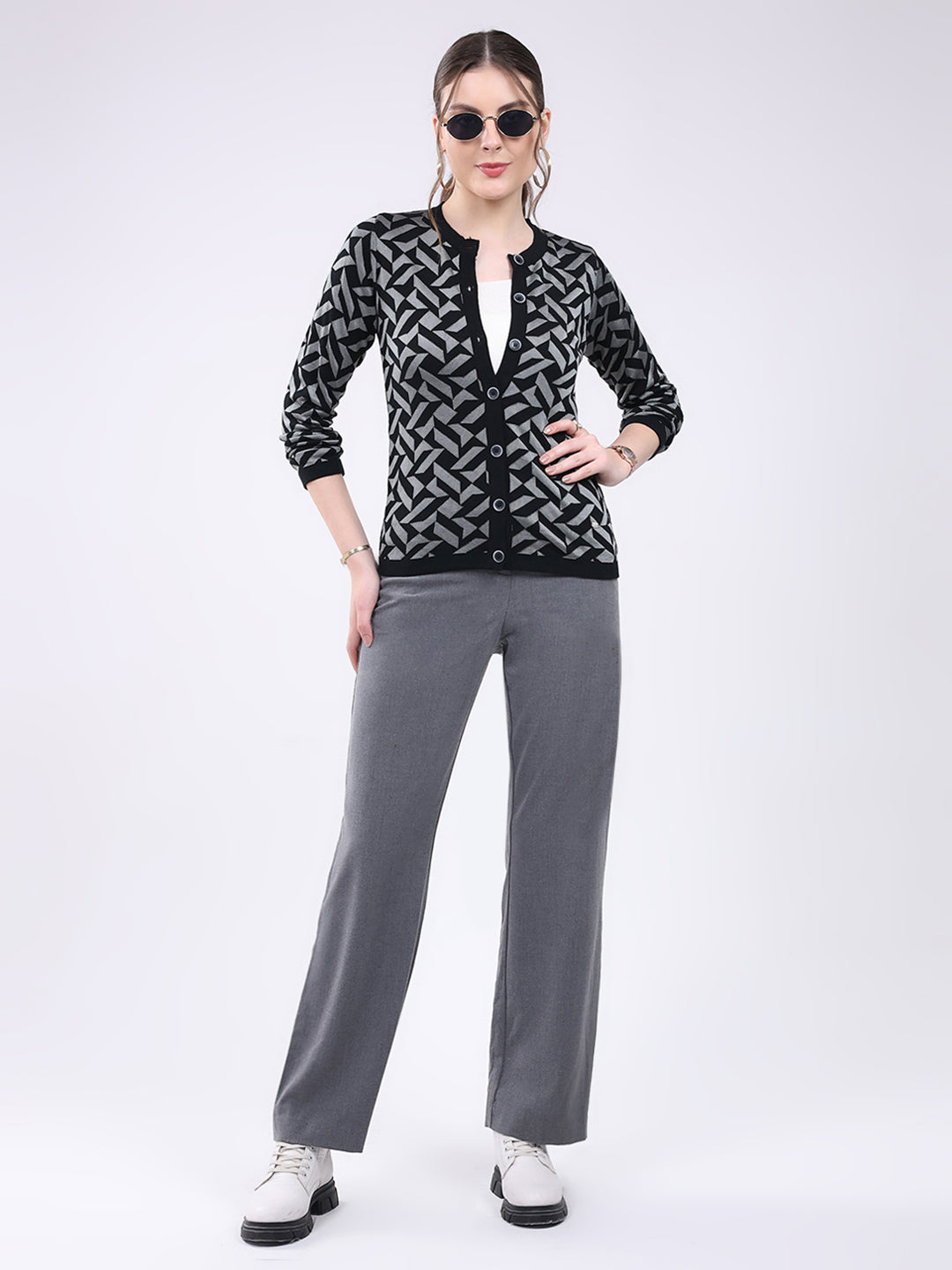 Women Black Printed Round Neck Full Sleeve Cardigan