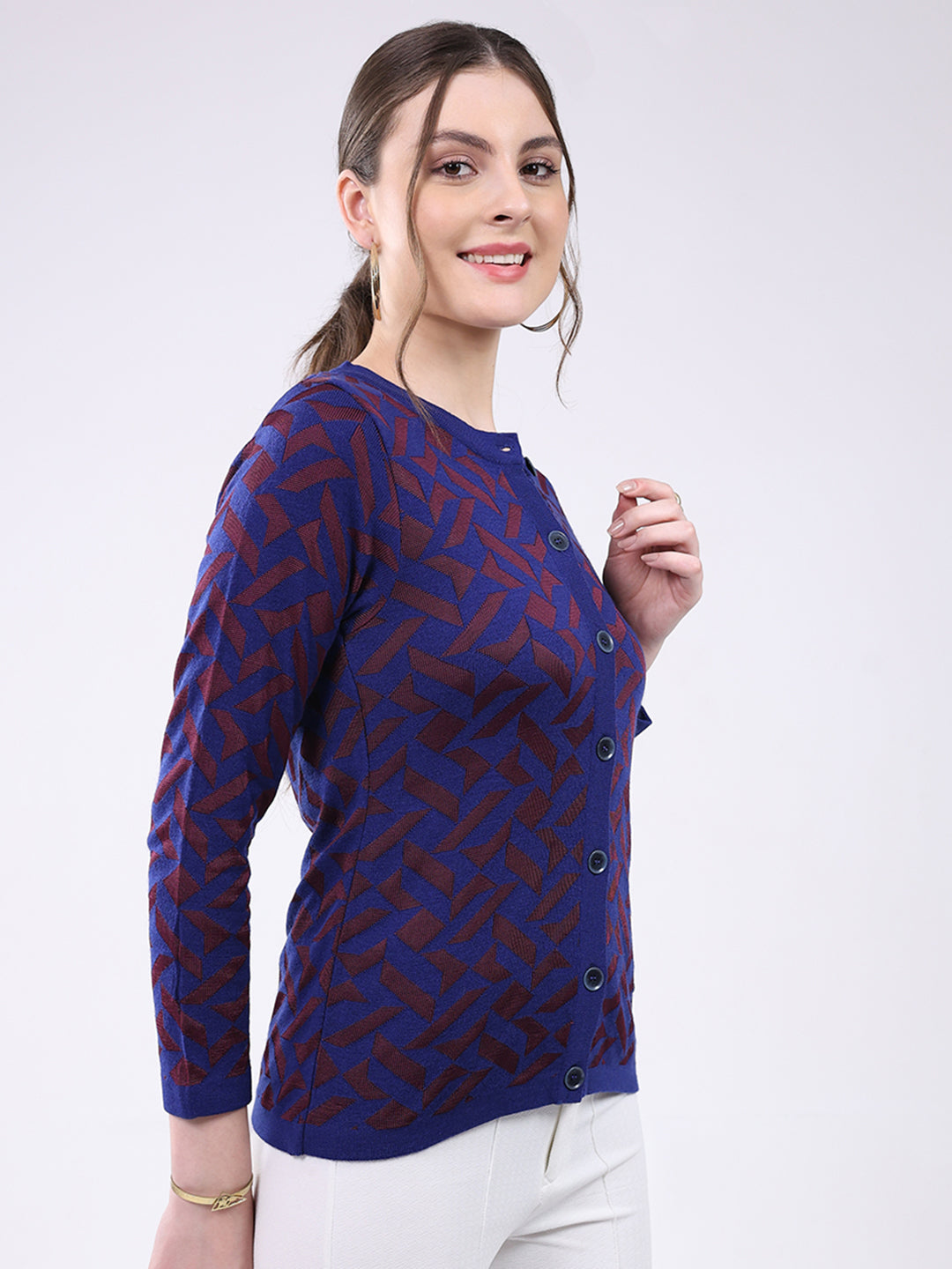 Women Blue Printed Round Neck Full Sleeve Cardigan