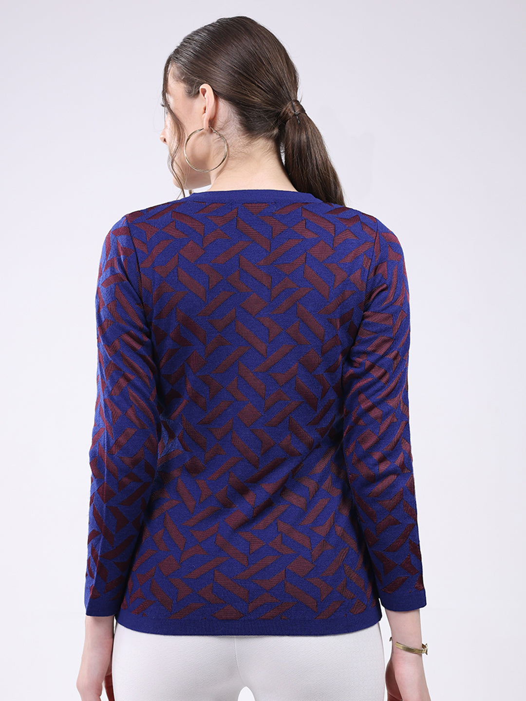 Women Blue Printed Round Neck Full Sleeve Cardigan