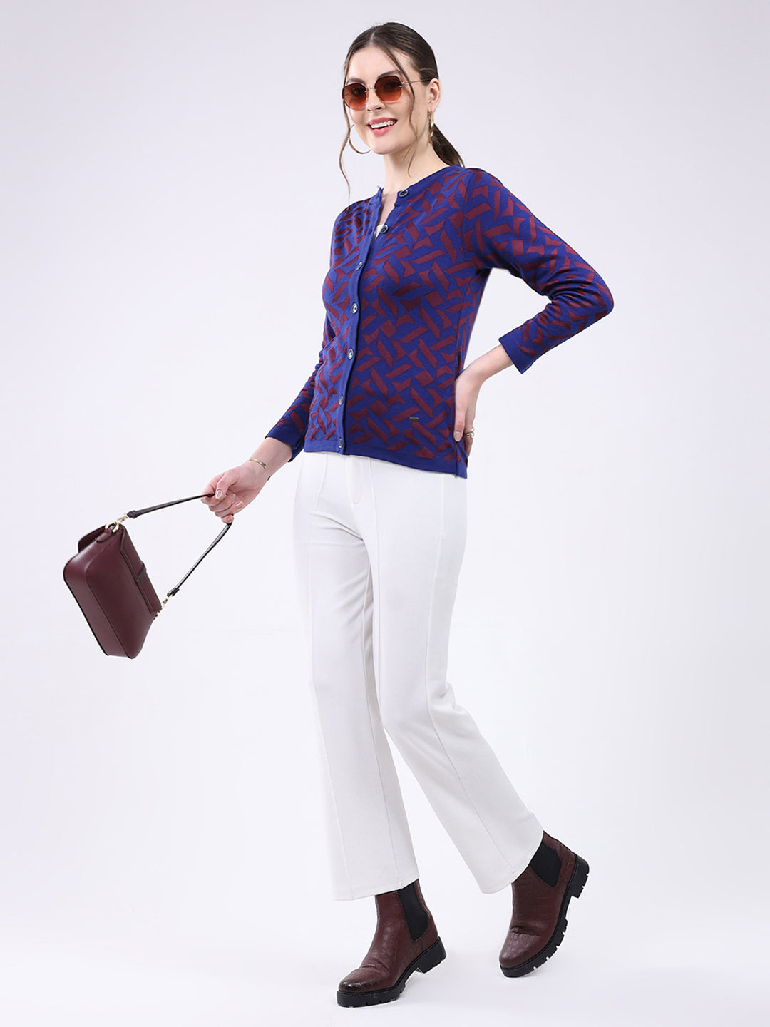 Women Blue Printed Round Neck Full Sleeve Cardigan