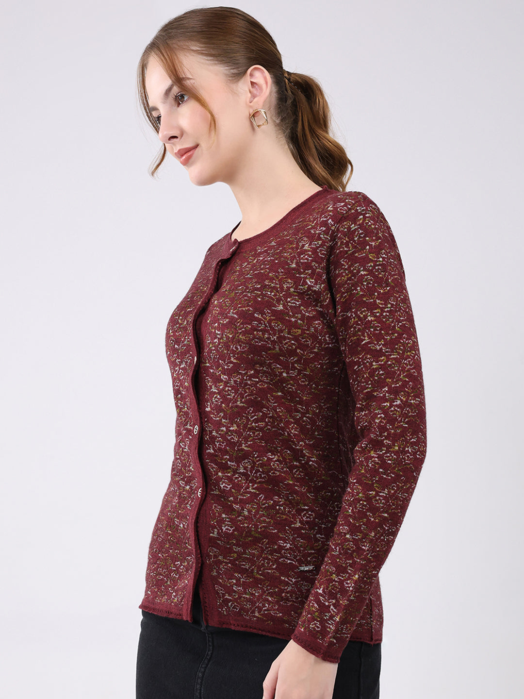 Women Maroon Self Design Round Neck Full Sleeve Cardigan