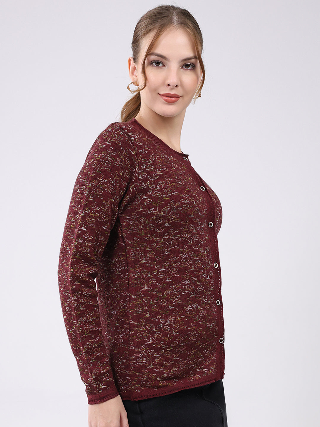 Women Maroon Self Design Round Neck Full Sleeve Cardigan