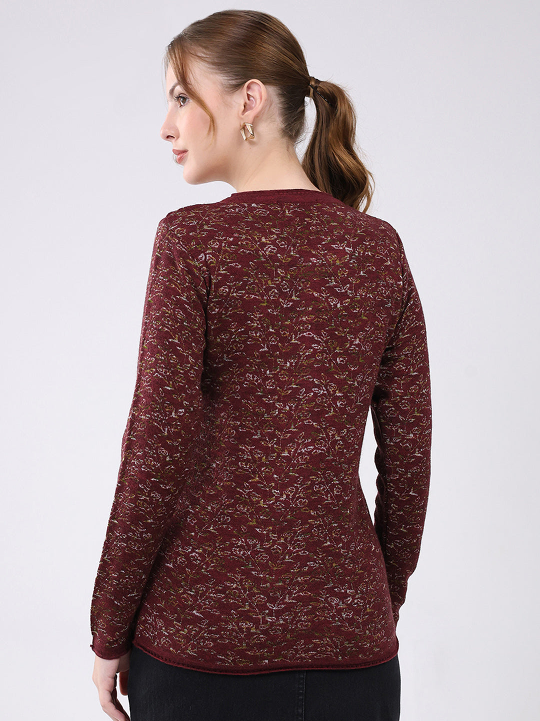 Women Maroon Self Design Round Neck Full Sleeve Cardigan