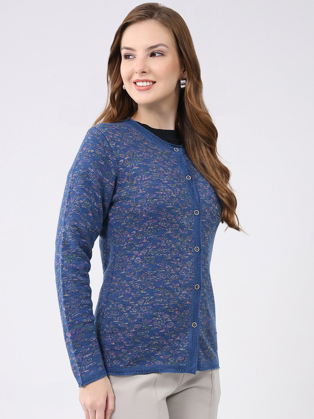 Women Blue Self Design Round Neck Full Sleeve Cardigan