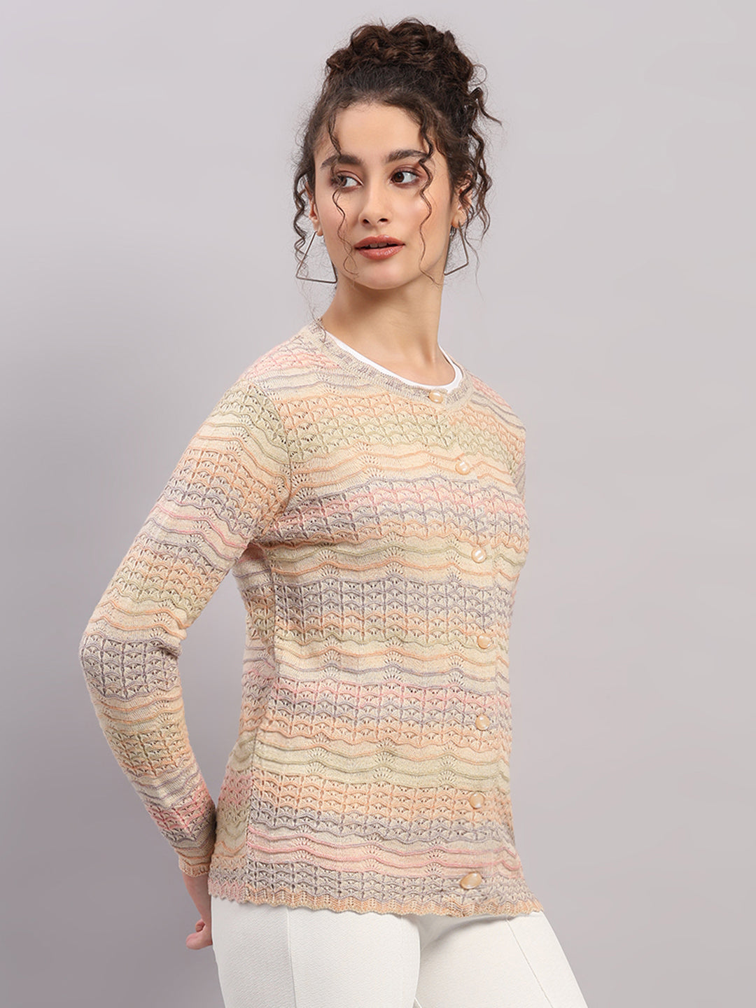 Women Pink Self Design Round Neck Full Sleeve Cardigan
