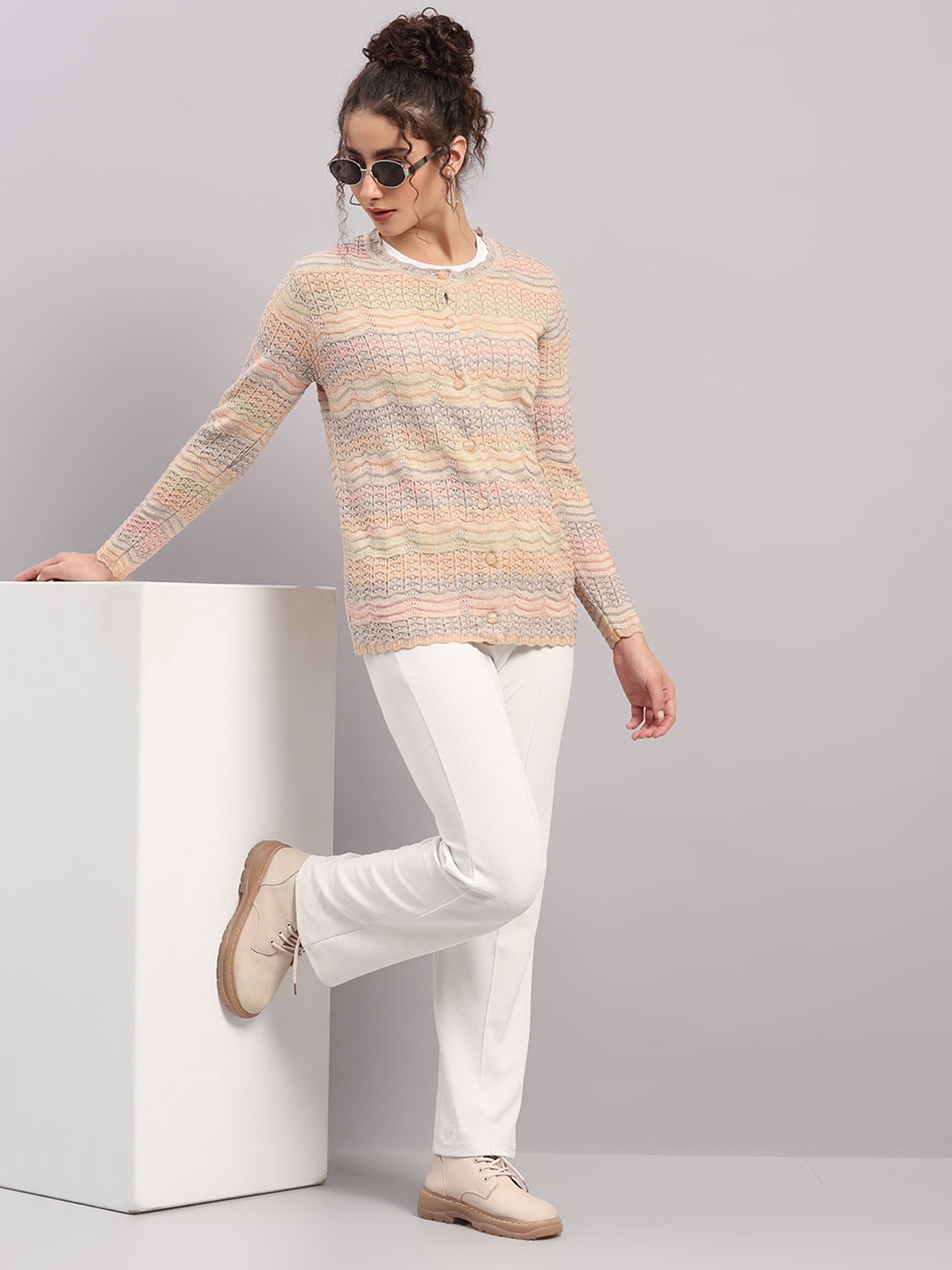 Women Pink Self Design Round Neck Full Sleeve Cardigan