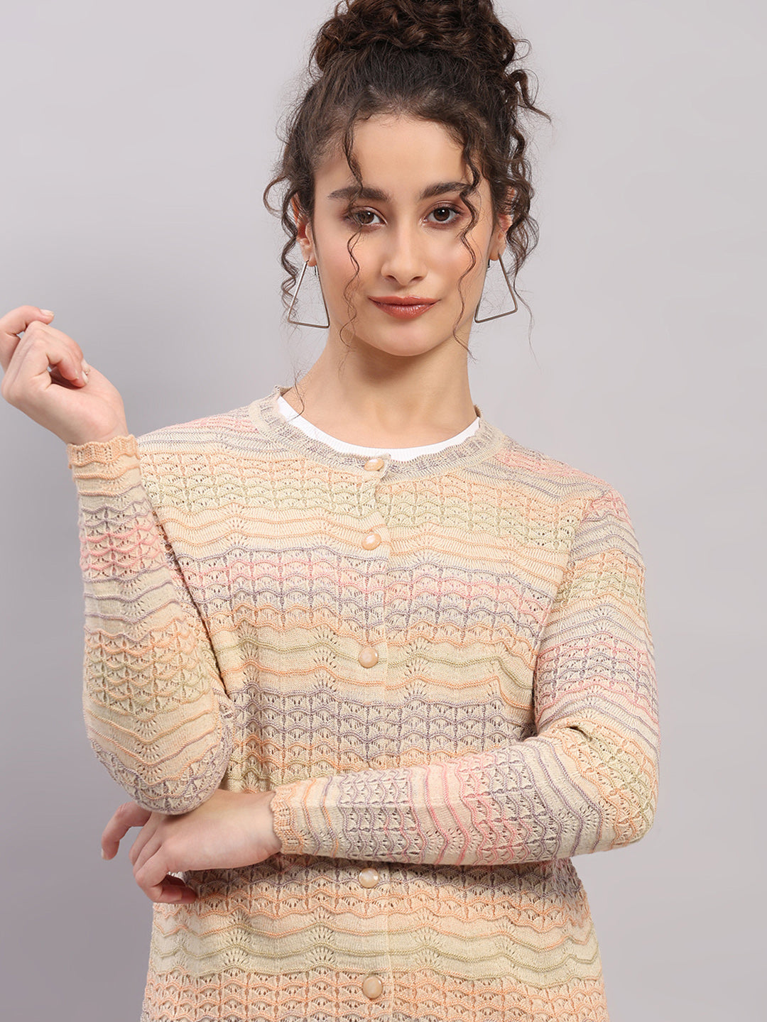 Women Pink Self Design Round Neck Full Sleeve Cardigan