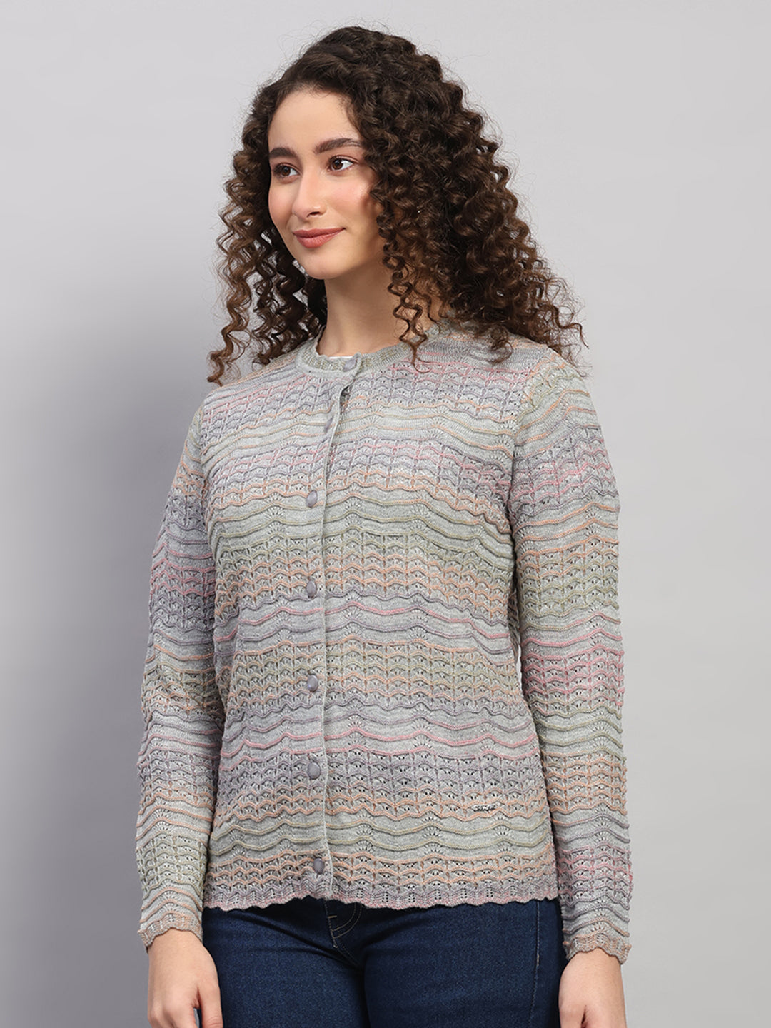 Women Purple Jaquard Round Neck Full Sleeve Cardigan