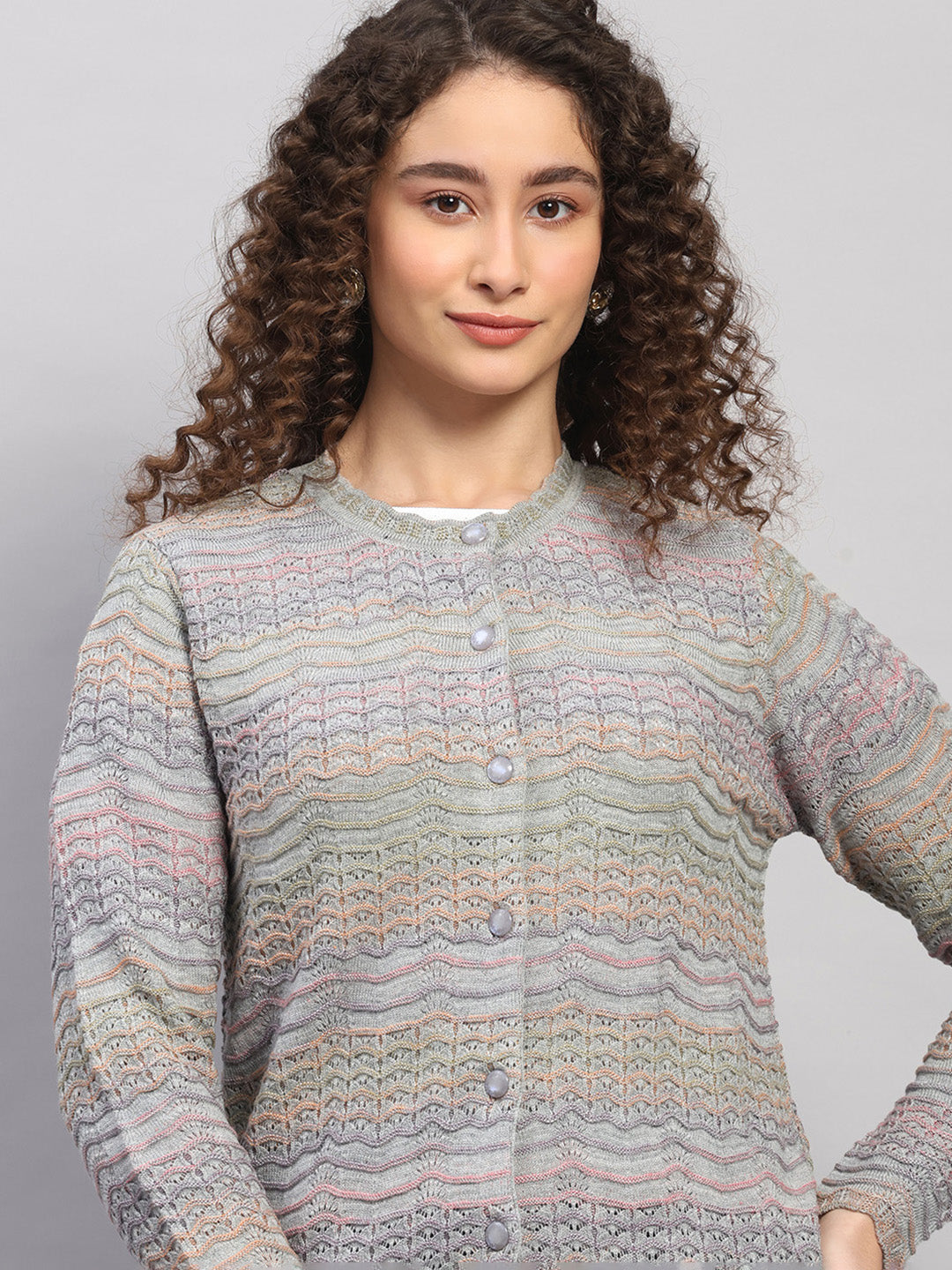 Women Purple Jaquard Round Neck Full Sleeve Cardigan