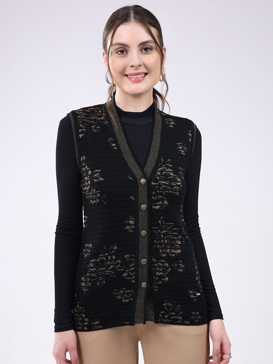 Women Black Printed V Neck Sleeveless Cardigan