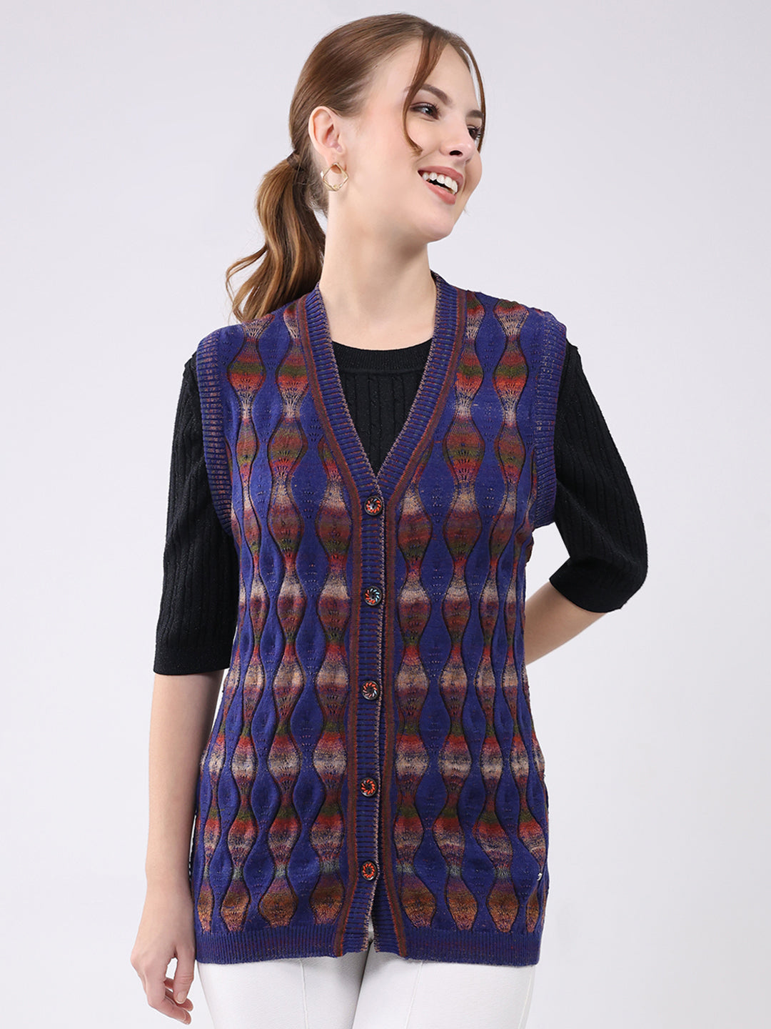 Women Blue Self Design V Neck Sleeveless Cardigan