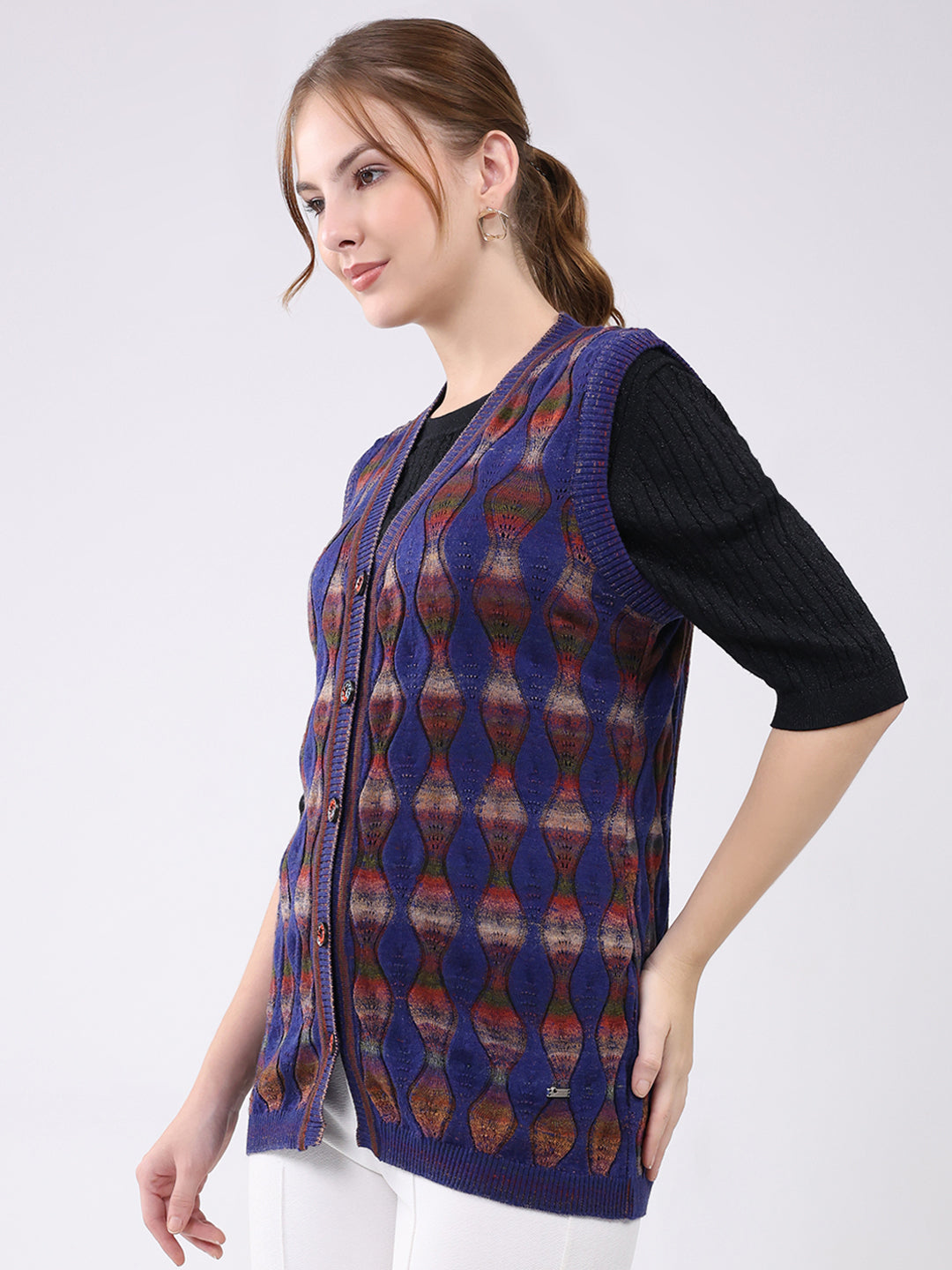 Women Blue Self Design V Neck Sleeveless Cardigan